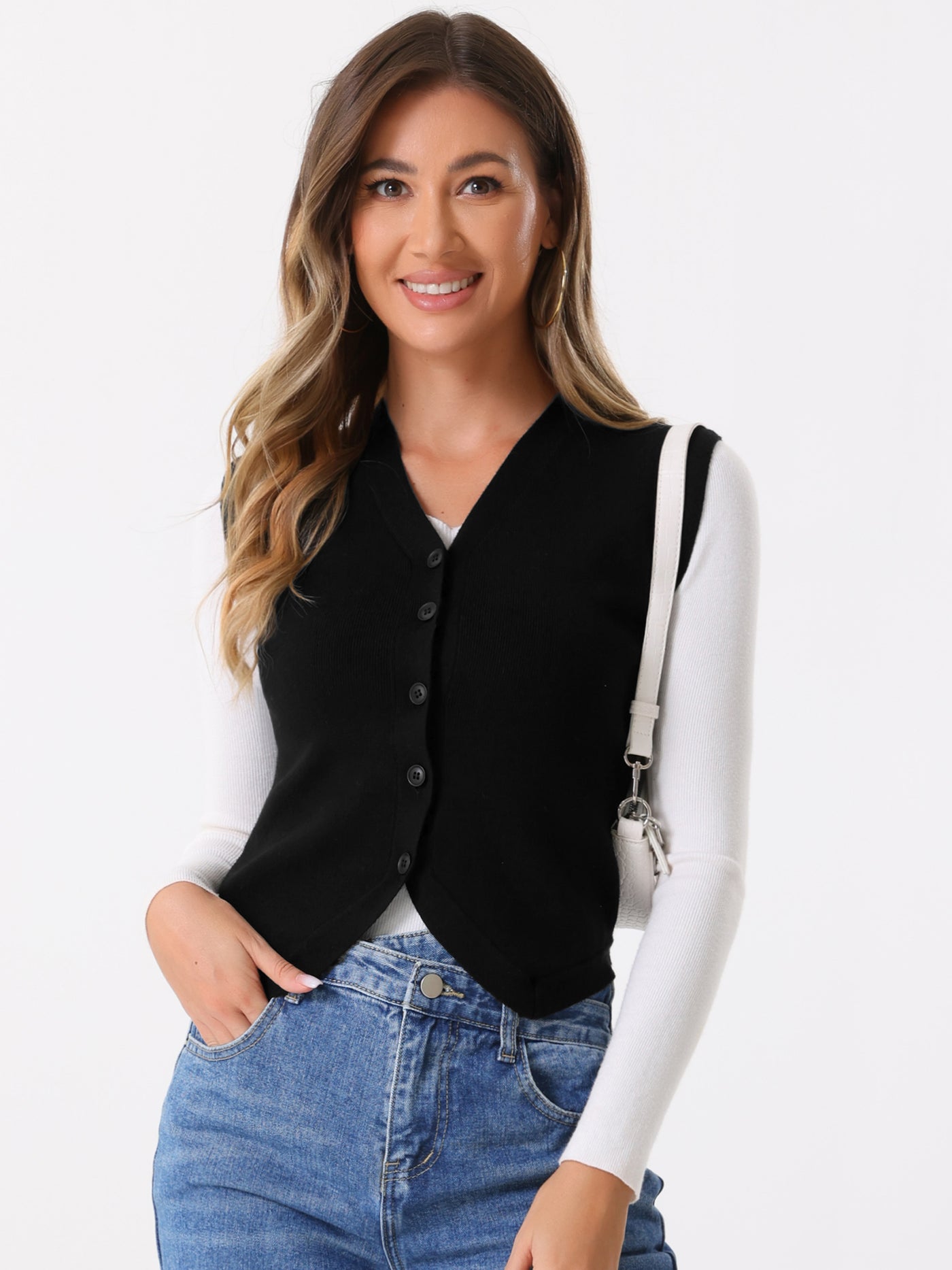 Allegra K Sleeveless Button Up Casual Knitted Cropped Sweater Vest