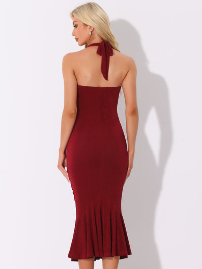 Halter Neck Wedding Guest Ruched Party Bodycon Fishtail Midi Dress