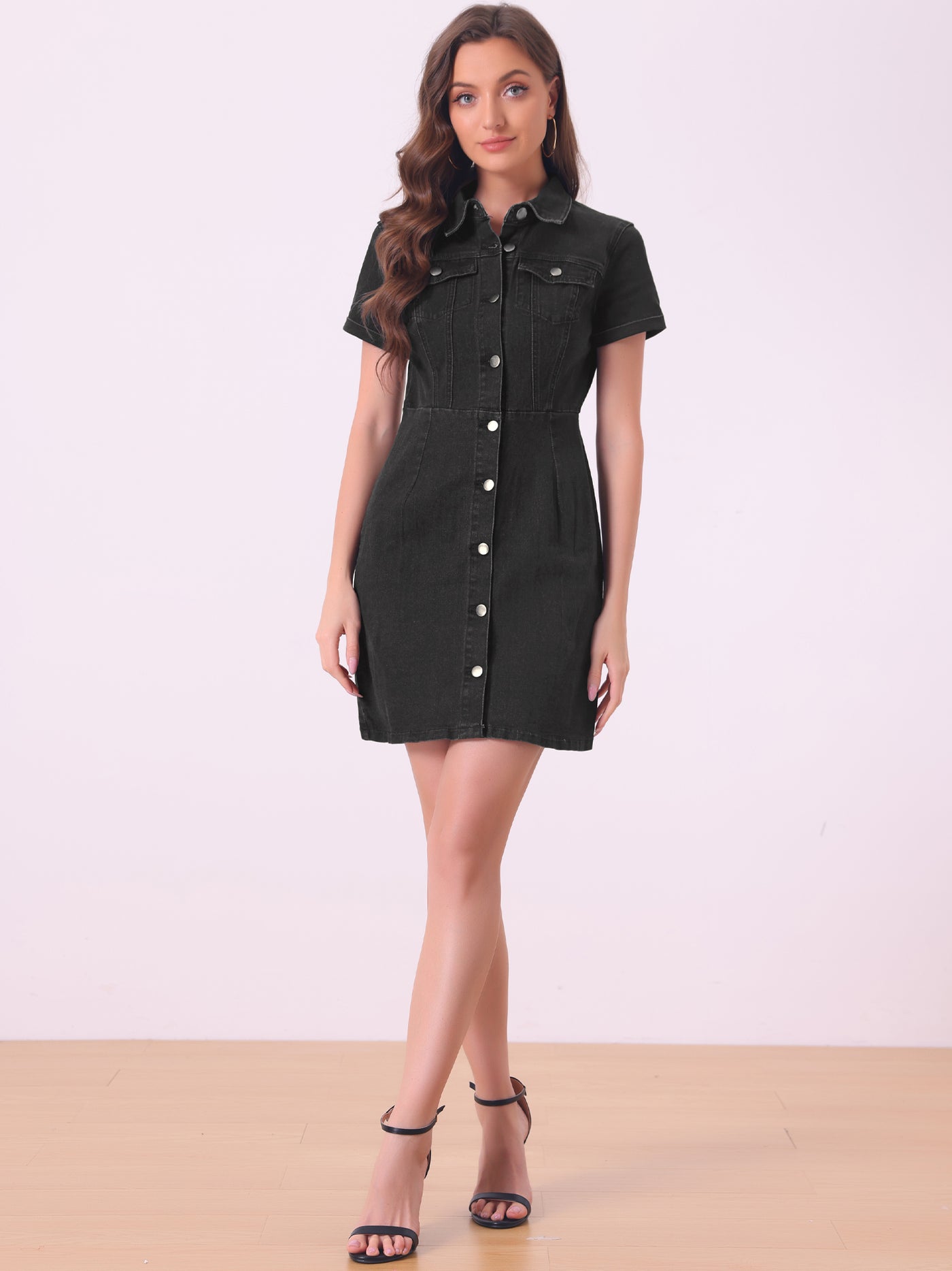 Allegra K Denim Lapel Short Sleeve Belted Button Up Shirt Dress