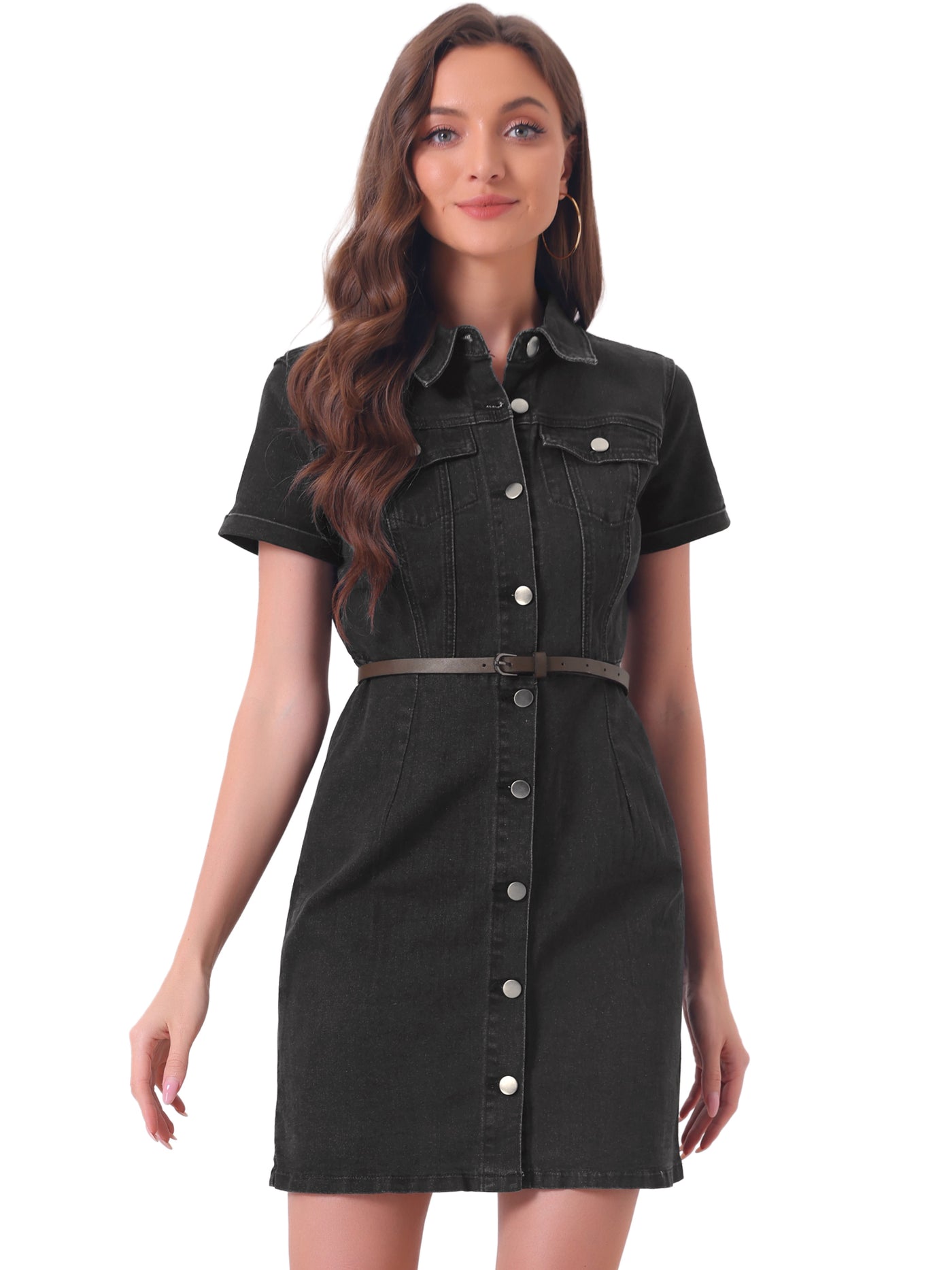 Allegra K Denim Lapel Short Sleeve Belted Button Up Shirt Dress