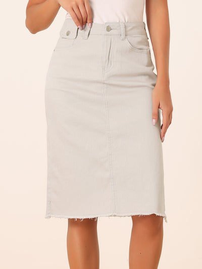 Casual High Waist Back Slit Stretch Denim Midi Skirt