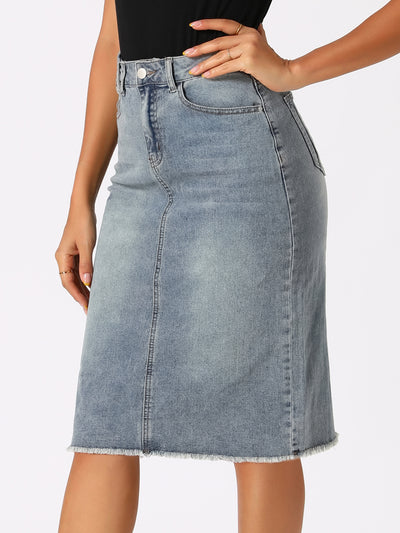 Casual High Waist Back Slit Stretch Denim Midi Jean Skirt