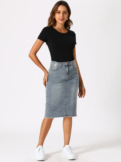 Casual High Waist Back Slit Stretch Denim Midi Jean Skirt