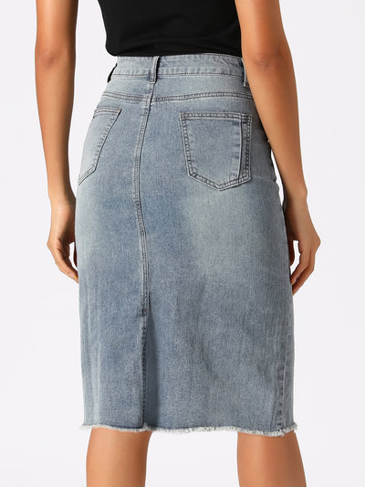 Casual High Waist Back Slit Stretch Denim Midi Jean Skirt