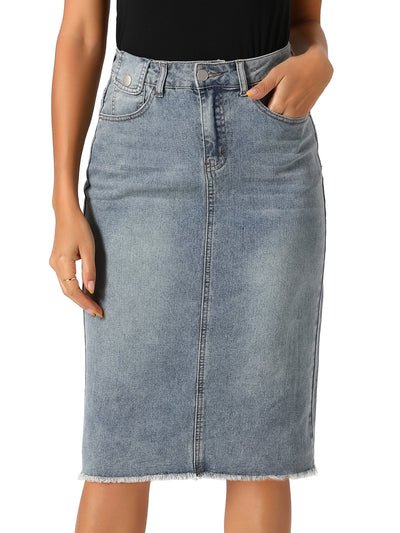 Casual High Waist Back Slit Stretch Denim Midi Jean Skirt