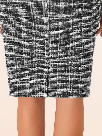 High Waist Split Office Pencil Plaid Tweed Midi Skirt