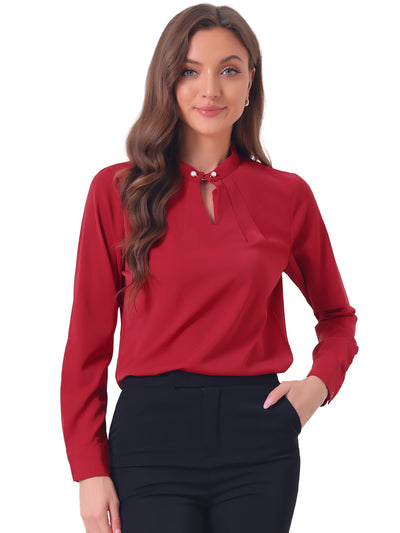 Pleated Mock Neck Pearl Decor Elegant Work Blouse Top