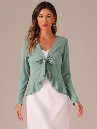 Women's Tie Front Knit Ruffled Long Sleeve Open Cardigan