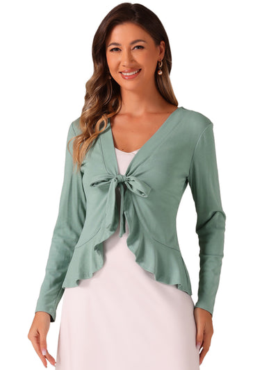 Women's Tie Front Knit Ruffled Long Sleeve Open Cardigan