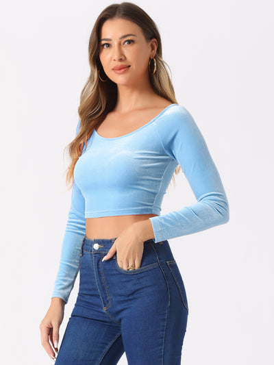 Velvet Long Sleeve Off Shoulder Solid Crop Top