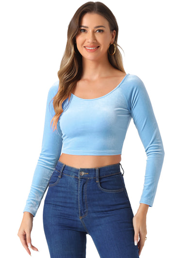 Velvet Long Sleeve Off Shoulder Solid Crop Top