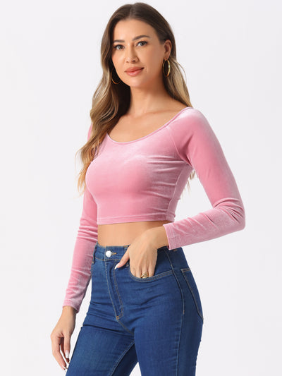 Velvet Long Sleeve Off Shoulder Solid Crop Top