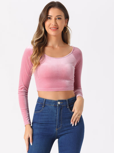 Velvet Long Sleeve Off Shoulder Solid Crop Top