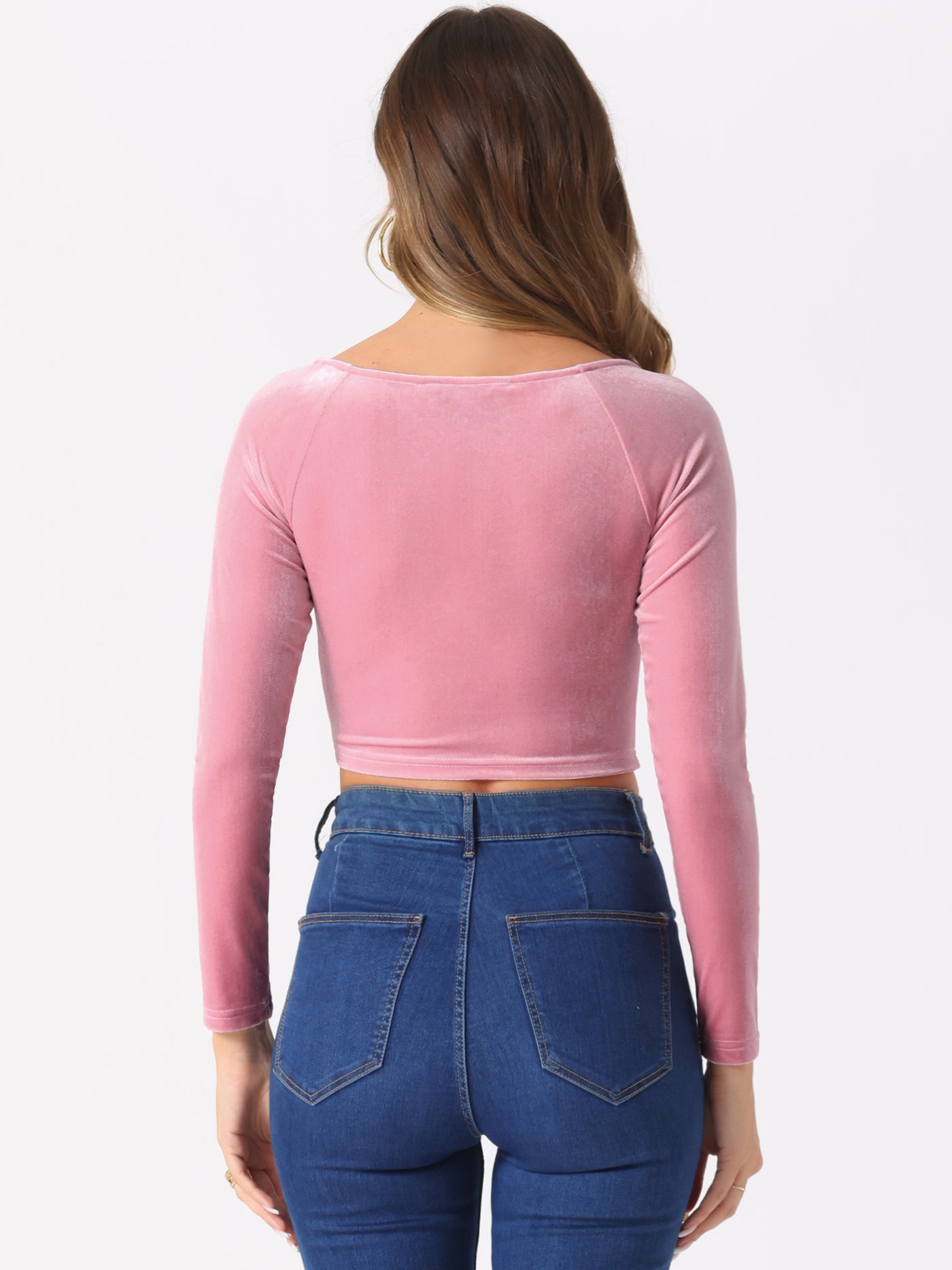 Allegra K Velvet Long Sleeve Off Shoulder Solid Crop Top