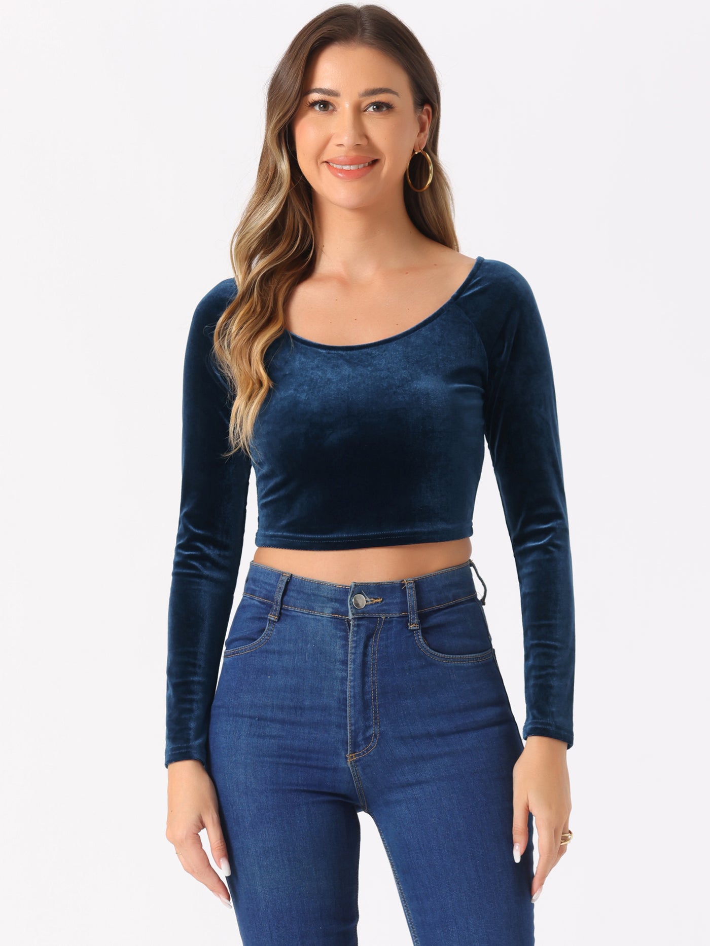 Allegra K Velvet Long Sleeve Off Shoulder Solid Crop Top