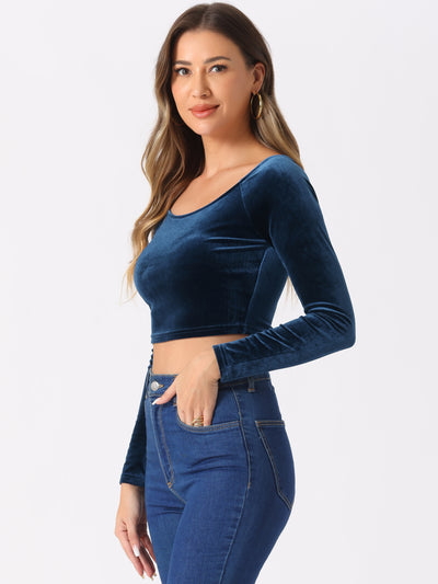 Velvet Long Sleeve Off Shoulder Solid Crop Top