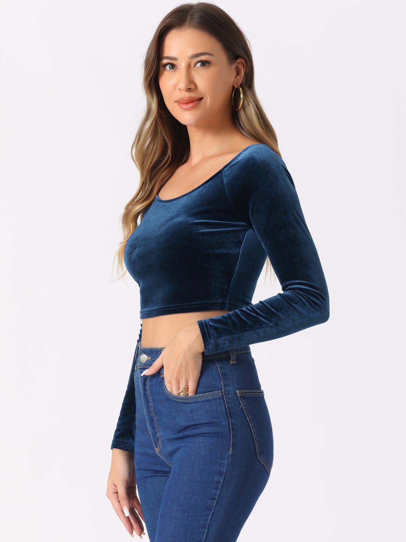 Allegra K Velvet Long Sleeve Off Shoulder Solid Crop Top