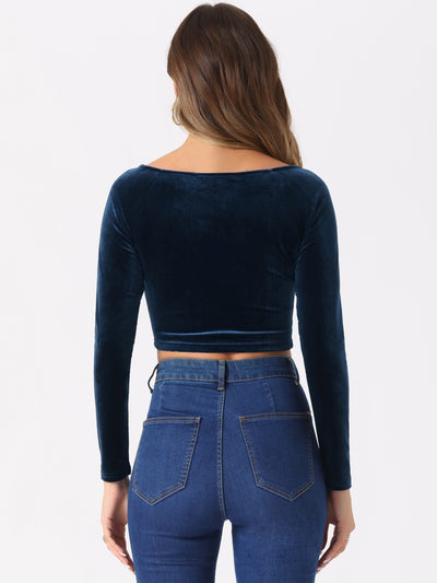 Velvet Long Sleeve Off Shoulder Solid Crop Top