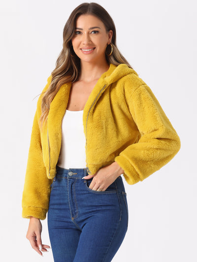 Casual Faux Fur Coat Zip Up Hooded Cropped Fuzzy Fleece Jacket