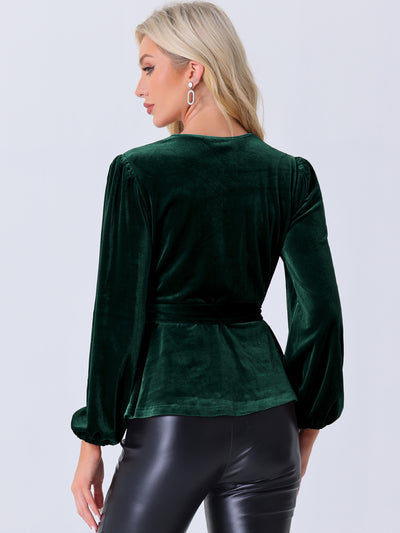 Velvet Wrap Tie Waist Long Sleeve Peplum Blouse