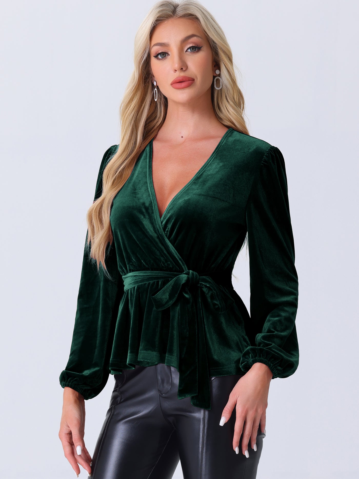 Allegra K Velvet Wrap Tie Waist Long Sleeve Peplum Blouse