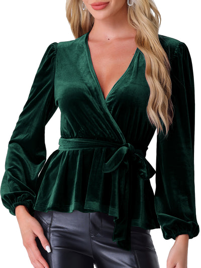 Velvet Wrap Tie Waist Long Sleeve Peplum Blouse