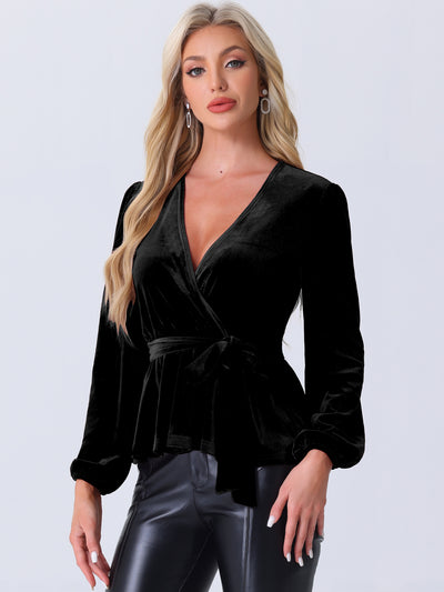 Velvet Wrap Tie Waist Long Sleeve Peplum Blouse