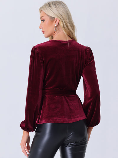 Velvet Wrap Tie Waist Long Sleeve Peplum Blouse