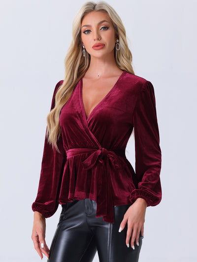 Velvet Wrap Tie Waist Long Sleeve Peplum Blouse