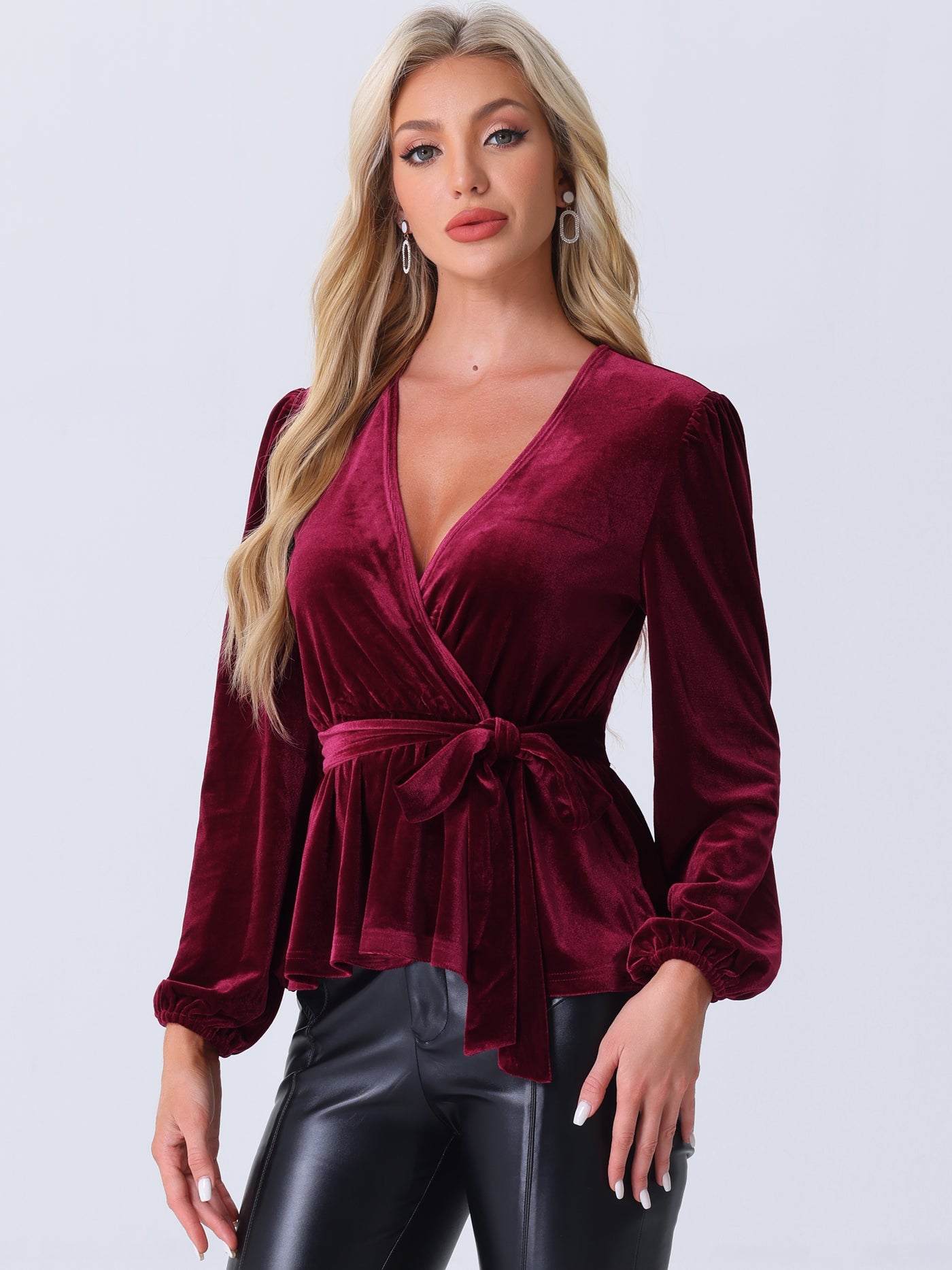 Allegra K Velvet Wrap Tie Waist Long Sleeve Peplum Blouse