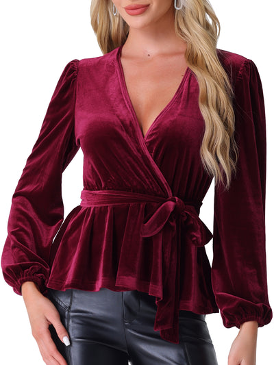 Velvet Wrap Tie Waist Long Sleeve Peplum Blouse