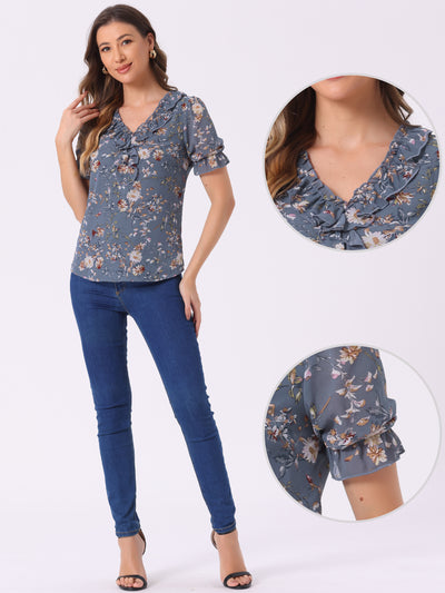 Floral Blouse Ruffle V Neck Puff Short Sleeve Top