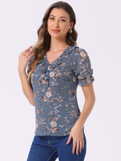 Floral Blouse Ruffle V Neck Puff Short Sleeve Top