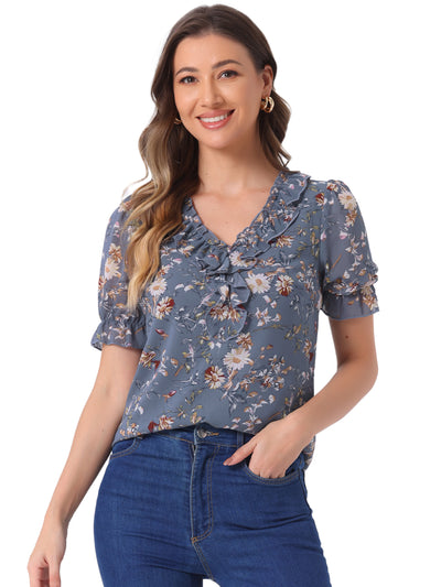 Floral Blouse Ruffle V Neck Puff Short Sleeve Top