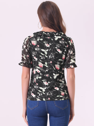 Floral Blouse Ruffle V Neck Puff Short Sleeve Top