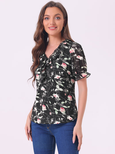 Floral Blouse Ruffle V Neck Puff Short Sleeve Top