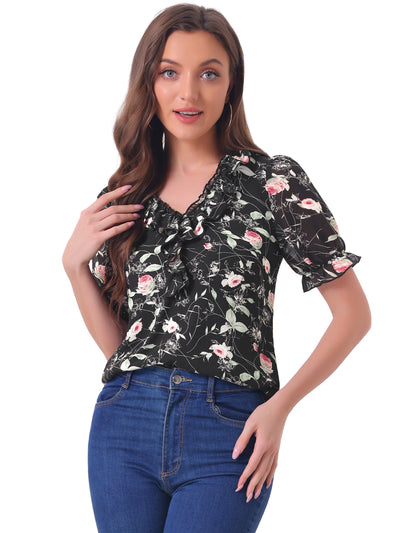 Floral Blouse Ruffle V Neck Puff Short Sleeve Top