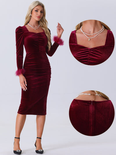 Velvet Furry Puff Long Sleeve Ruched Bodycon Midi Dress