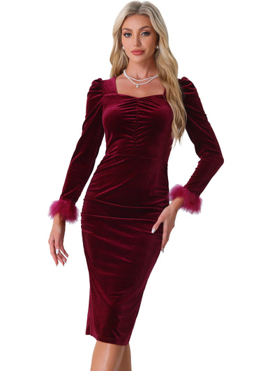 Velvet Furry Puff Long Sleeve Ruched Bodycon Midi Dress