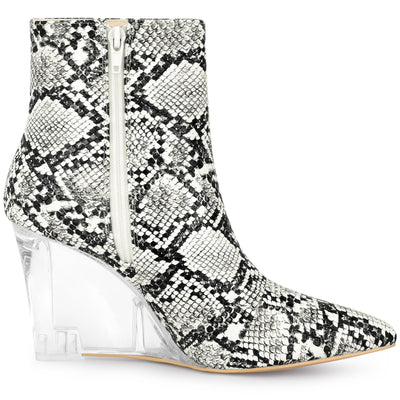 Women's Snake Print Pointed Toe Clear Wedge Heels Ankle Boots