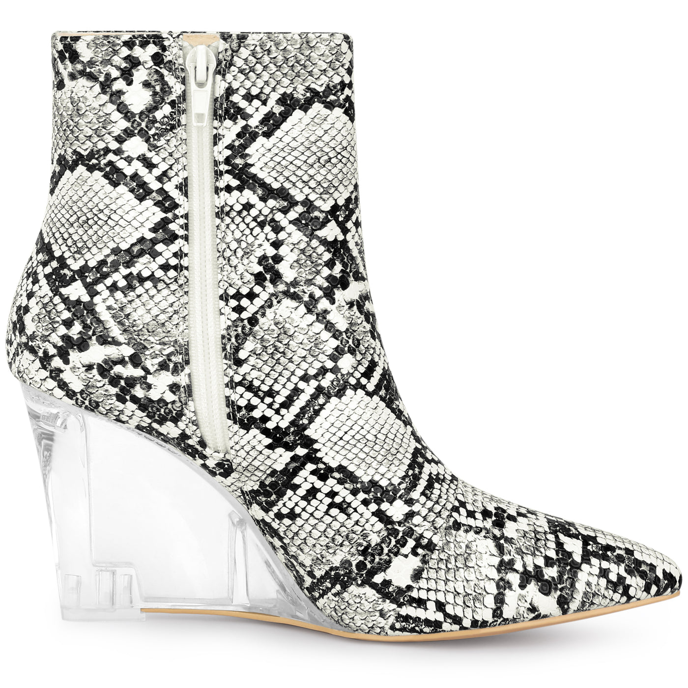 Allegra K Women's Snake Print Pointed Toe Clear Wedge Heels Ankle Boots