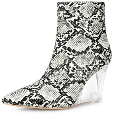 Women's Snake Print Pointed Toe Clear Wedge Heels Ankle Boots