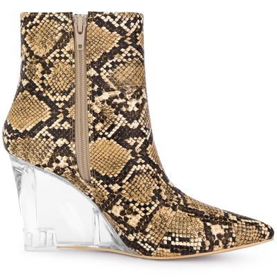 Women's Snake Print Pointed Toe Clear Wedge Heels Ankle Boots