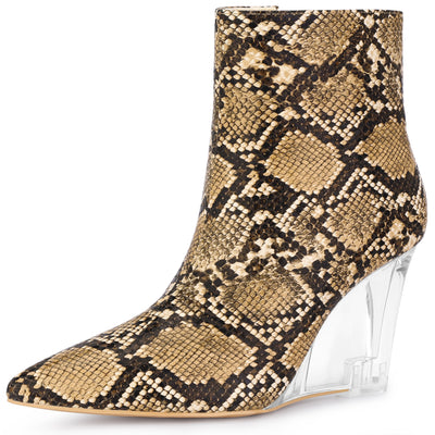 Women's Snake Print Pointed Toe Clear Wedge Heels Ankle Boots