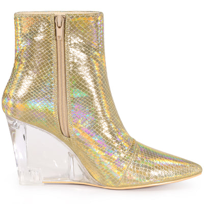 Women's Snake Print Pointed Toe Clear Wedge Heels Ankle Boots