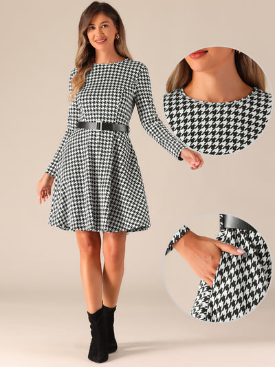 Allegra K Houndstooth Round Neck Long Sleeves Belt Pockets A-Line Dress