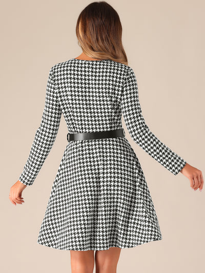 Houndstooth Round Neck Long Sleeves Belt Pockets A-Line Dress