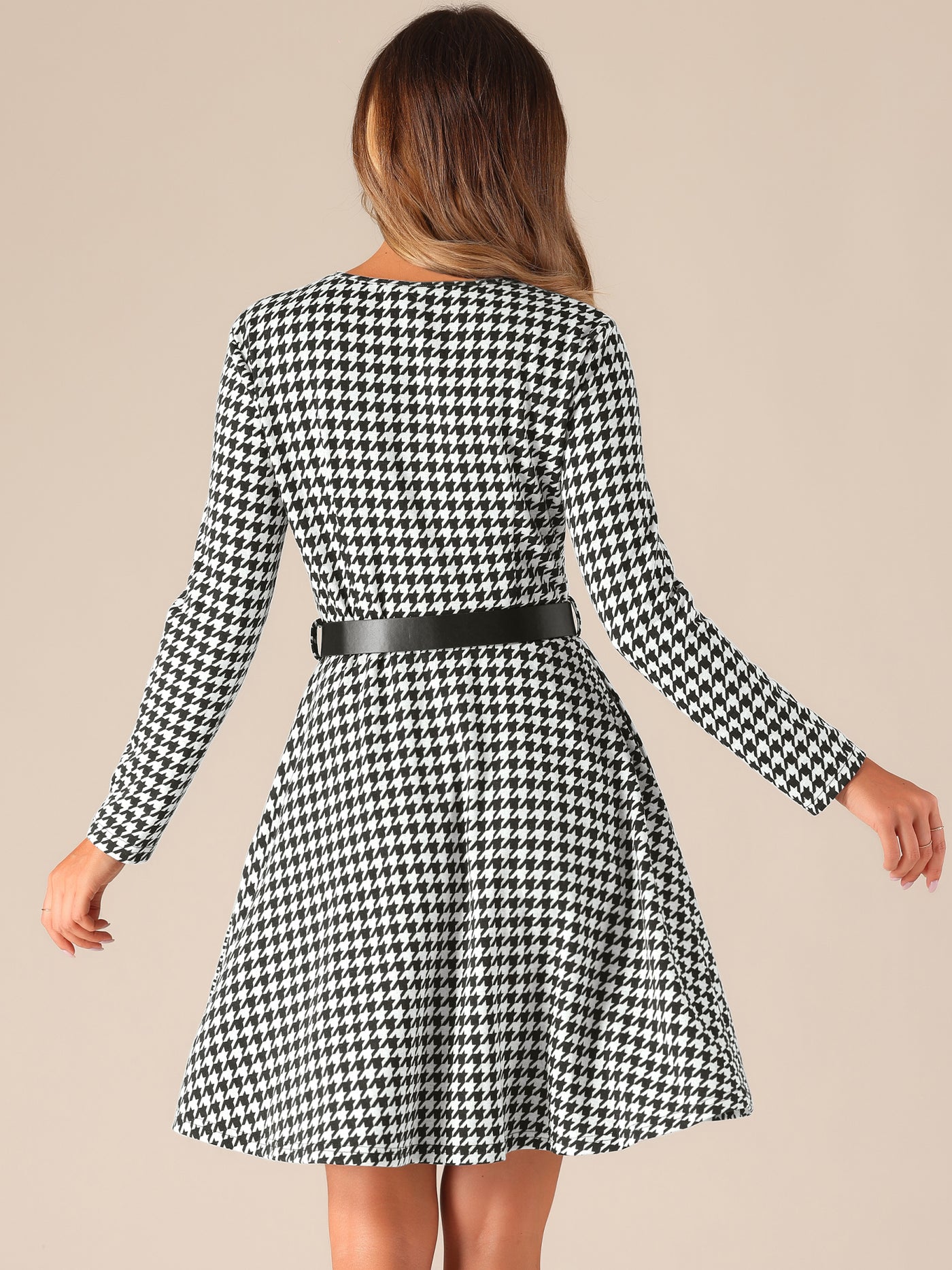 Allegra K Houndstooth Round Neck Long Sleeves Belt Pockets A-Line Dress