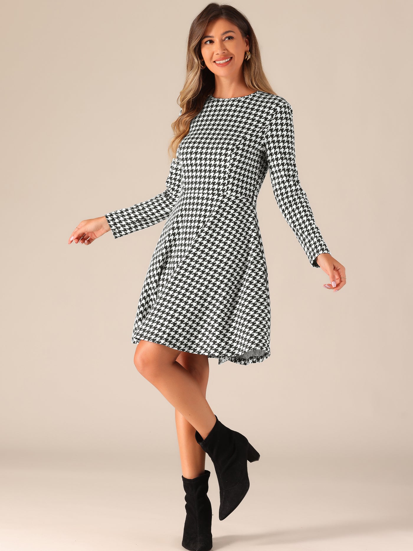 Allegra K Houndstooth Round Neck Long Sleeves Belt Pockets A-Line Dress