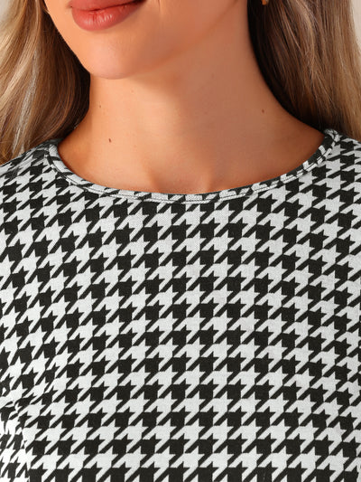 Houndstooth Round Neck Long Sleeves Belt Pockets A-Line Dress